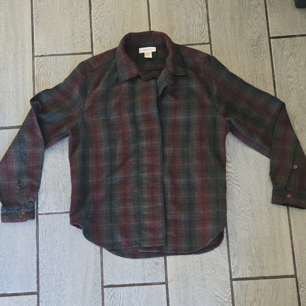 Vintage Calvin Klein Wool Blend Plaid Button Down Shirt Burgundy Grey Style 9168